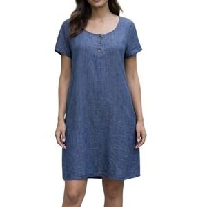 J. Jill PureJill Linen Dress Womens M Blue Woven Side Slits Lightweight Summer